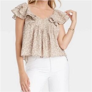 Floral Ruffle Sleeve Top - Cream